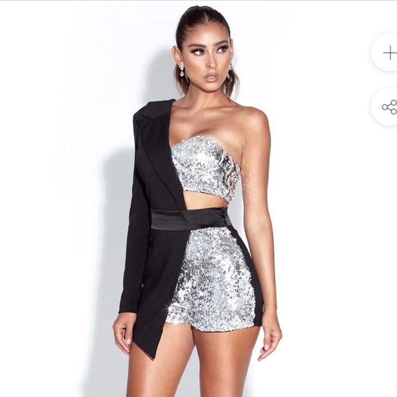 Sequin Black One Sleeve Blazer Romper - Picture 2 of 7